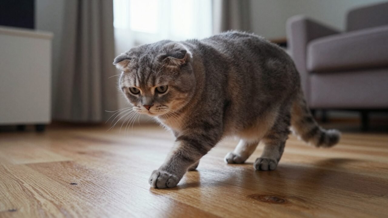 Gato Scottish Fold tumbado en el suelo sin saltar al sofá, con las orejas plegadas