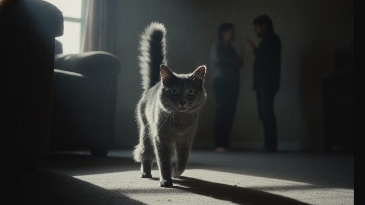 Gatto Nebelung dal pelo grigio argento e occhi verdi tra le ombre