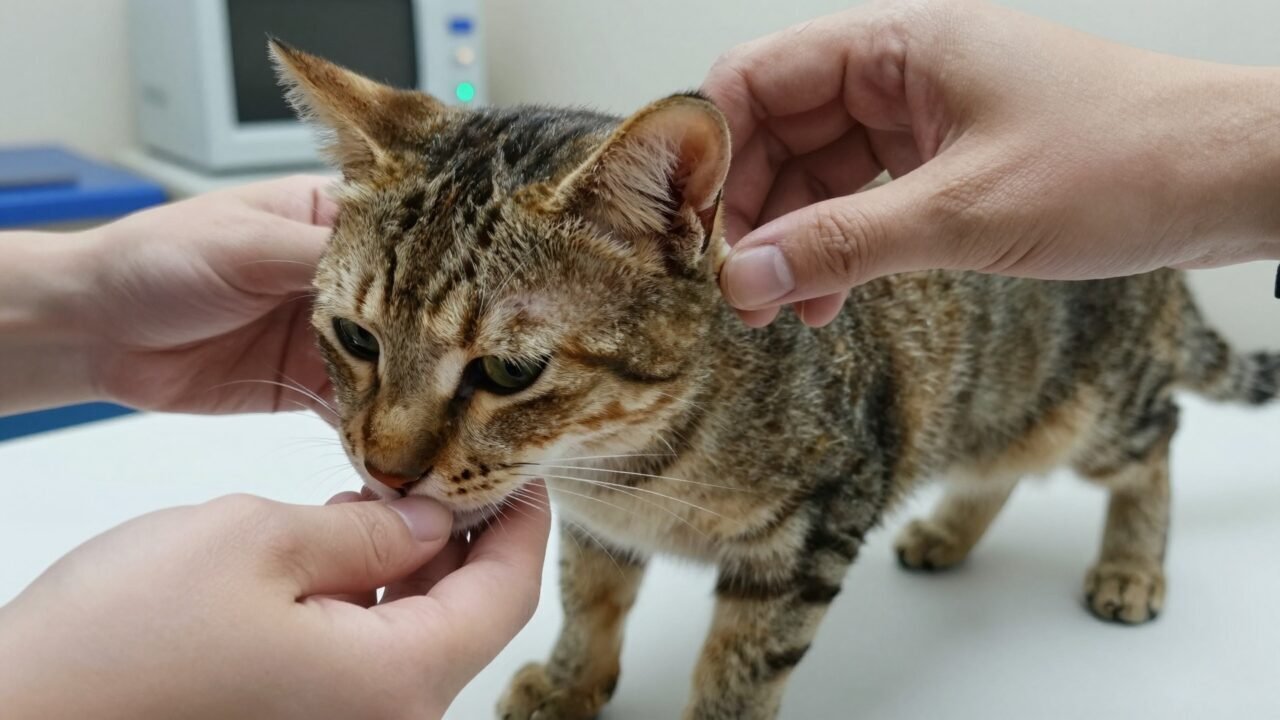 Veterinario revisando la oreja de un gato con un otoscopio