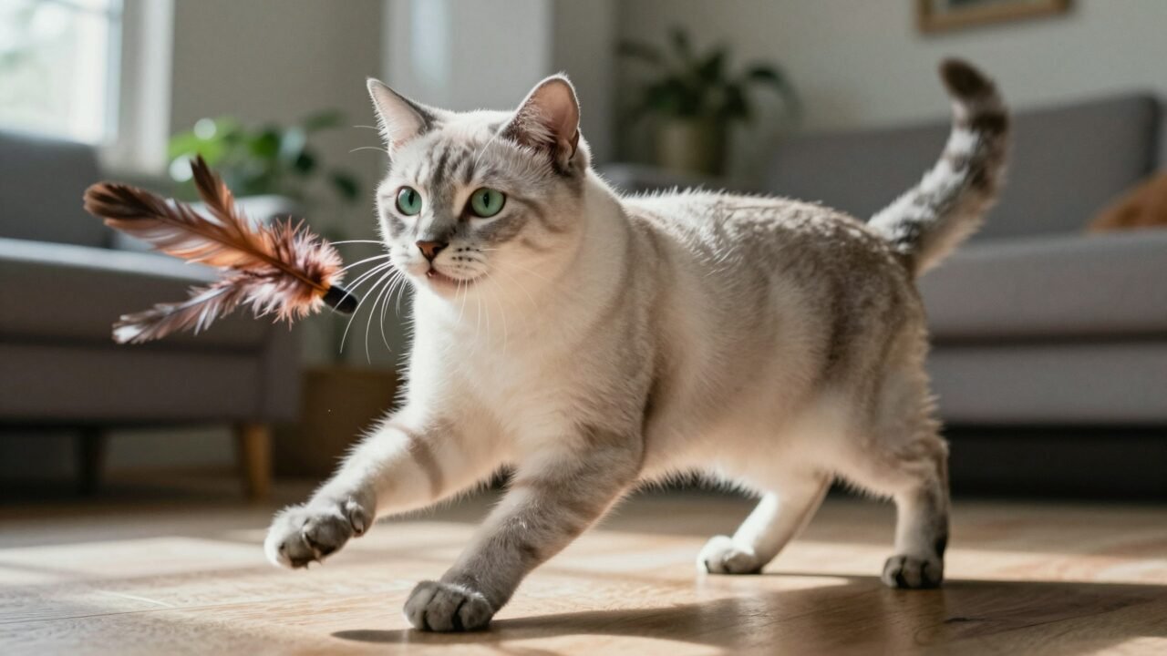 Gato oriental de cuerpo esbelto y orejas grandes en pose curiosa
