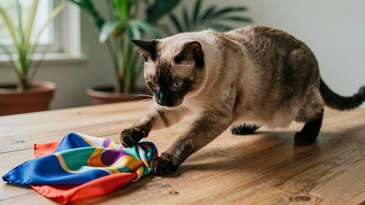 Gato siamés de puntos oscuros sentado con porte elegante
