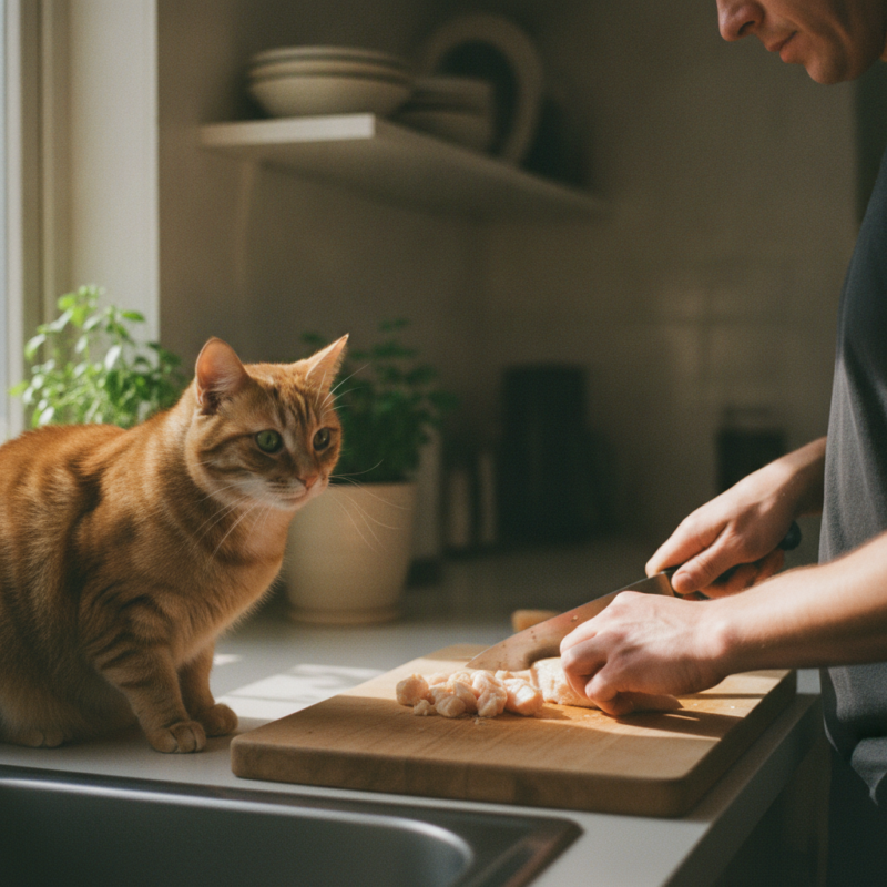 Persona preparando comida casera cocida mientras su gato observa atento desde la encimera