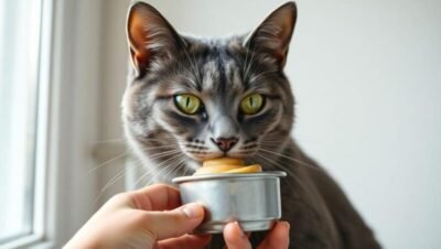 Gato lamiendo una cucharita con crema de cacahuate que le acerca su dueño