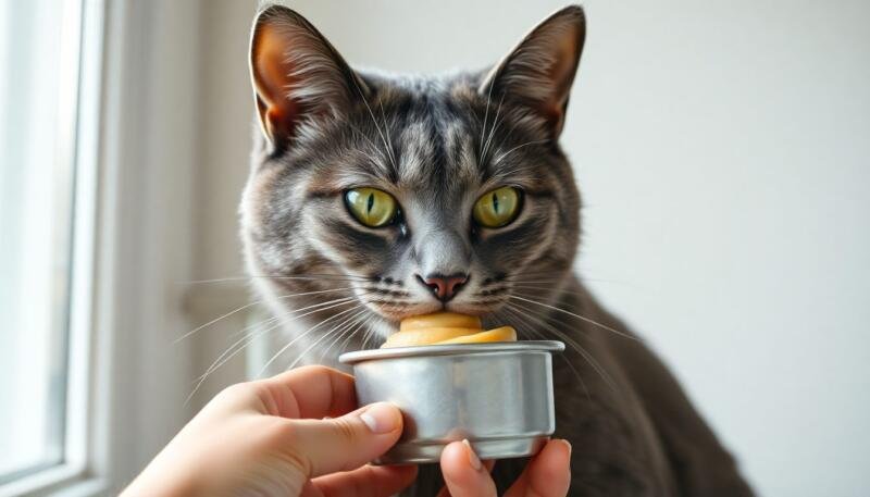 Gato lamiendo una cucharita con crema de cacahuate que le acerca su dueño