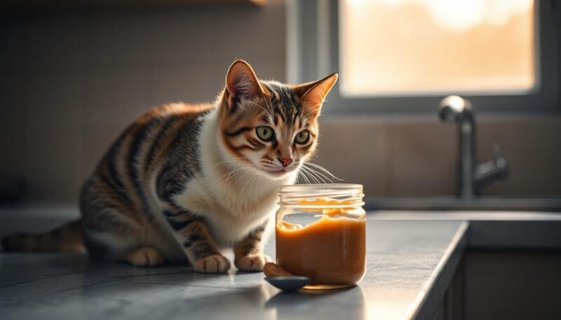Gato curioso mirando un frasco de crema de cacahuate sobre la mesa de la cocina