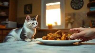 Gato mirando fijamente un plato de pollo asado sobre la mesa de la cocina