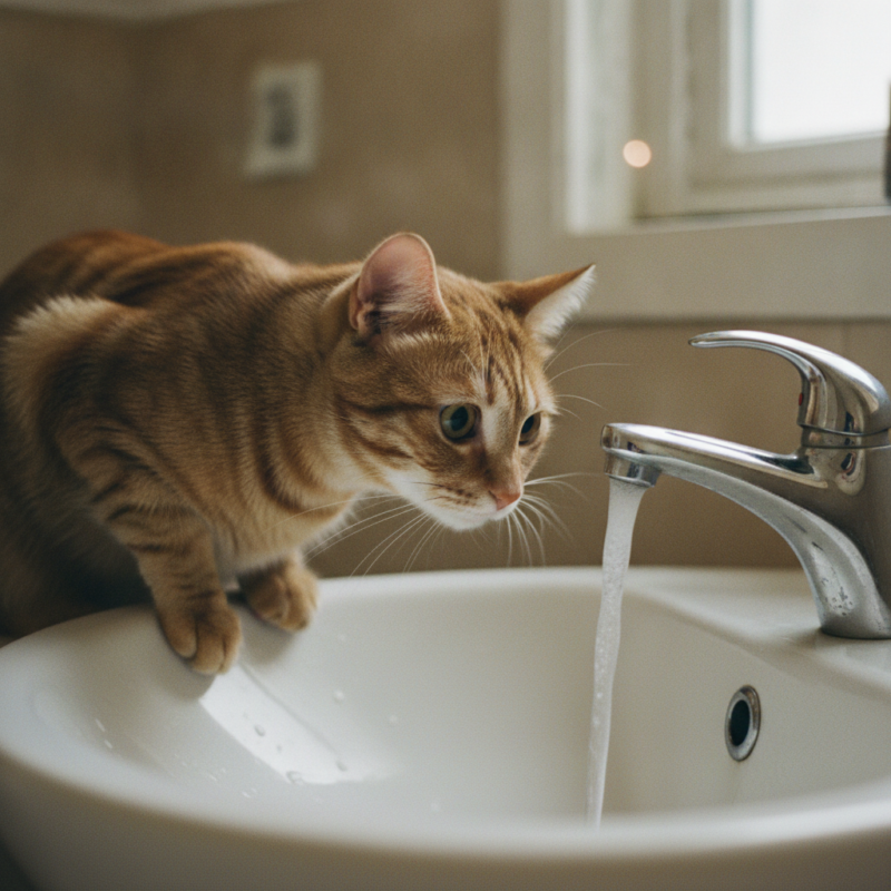 photorealistic image of a cat intensely watching water run from a faucet in a bathroom sink, with reflections, no text