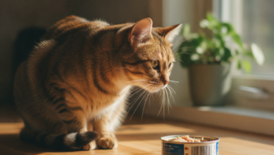 A sleek, healthy cat looking longingly at a small, half-eaten can of tuna on a kitchen counter, warm natural light, photorealistic, no text