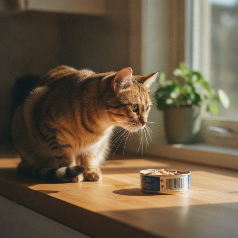 A sleek, healthy cat looking longingly at a small, half-eaten can of tuna on a kitchen counter, warm natural light, photorealistic, no text