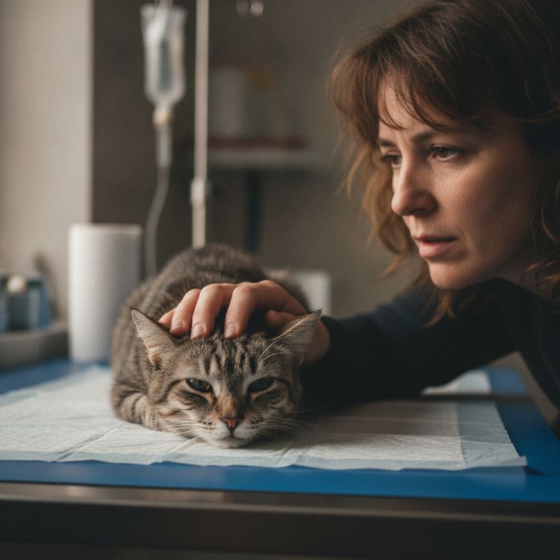 A cat looking unwell and lethargic, with a worried owner gently stroking its head, subtle signs of a sterile vet environment in background, photorealistic, no text