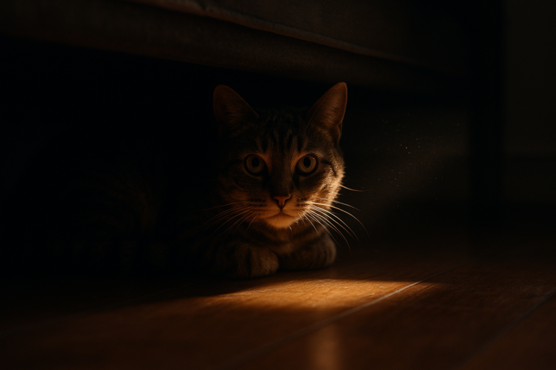 A tabby cat hiding in the dark shadows under a bed, curled up tight with paws tucked under its body, eyes wide open and alert staring toward the camera, a thin beam of warm evening light falling across its face from the bedroom window, dust motes floating in the light beam, wooden floor, shot from floor level at eye height with the cat, 85mm lens, shallow depth of field, photorealistic, cinematic moody lighting, realistic fur texture, natural imperfections, candid documentary style, anatomically correct, four legs, correct number of toes, no extra or missing limbs, no deformed paws, no fused body parts, 8k ultra sharp, no blur, no artifacts, no text, does not look AI generated