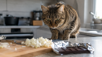 Gato atigrado mirando cebolla picada y chocolate negro sobre una encimera de cocina