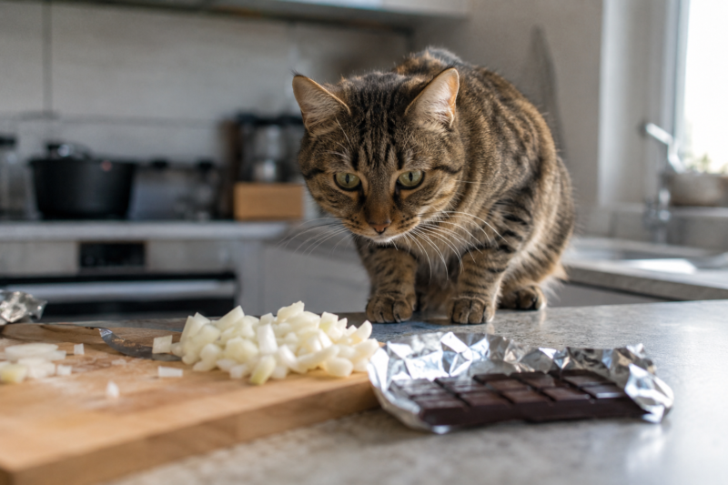 Gato atigrado mirando cebolla picada y chocolate negro sobre una encimera de cocina