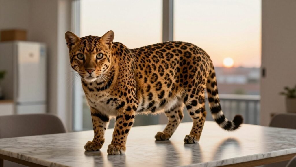 Ashera cat with spotted coat in a luxury living room, the feline that cost $125,000