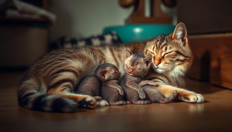 Gata madre amamantando a sus gatitos recién nacidos, el momento donde el ronroneo funciona como primer lenguaje entre ellos