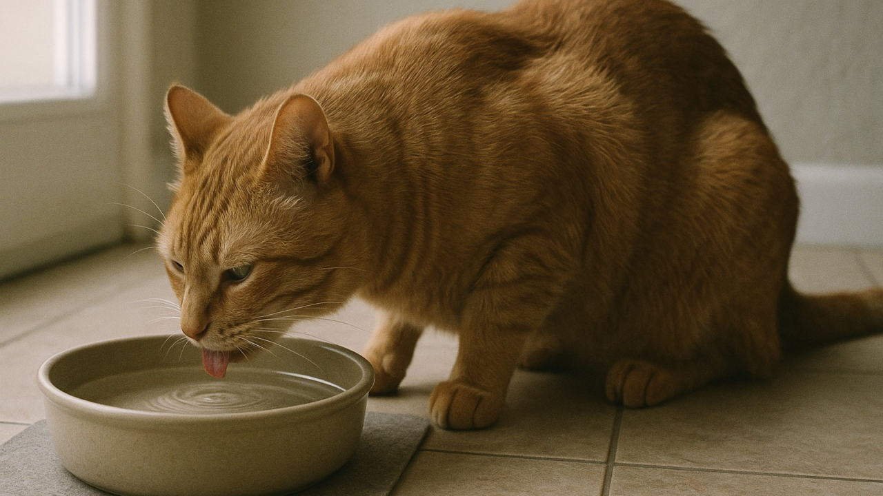 Gato bebiendo agua en exceso, señal temprana de diabetes o problema renal