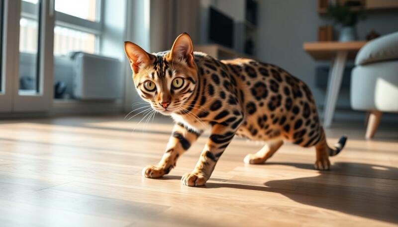 Gato Bengalí con manchas de leopardo en posición de caza sobre el suelo de un apartamento