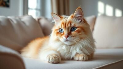 Gato Ragdoll de pelo claro y ojos azules descansando tranquilo, mostrando su carácter dócil