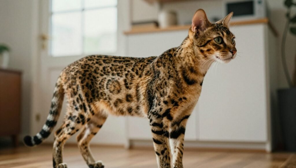 Savannah F1 with long legs and spotted coat standing in a living room