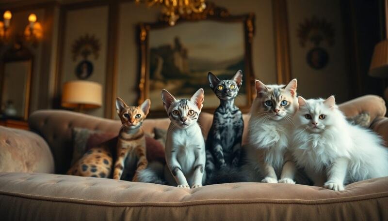 Varias razas de gatos de lujo juntas sobre cojines en un salón elegante
