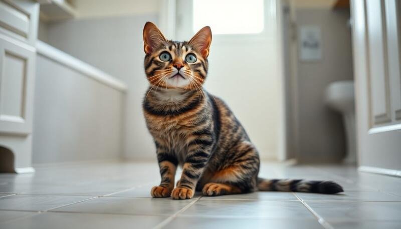 A curious tabby cat sitting on a bathroom floor looking up expectantly toward the camera, a home bathroom in the background with a slightly open door and soft natural window light. Exactly one cat, anatomically correct, four legs, correct paws and toes, realistic detailed fur with natural imperfections, natural body proportions. Photorealistic candid photograph, 50mm lens, shallow depth of field, horizontal 16:9 composition, 8k, no text, does not look AI generated