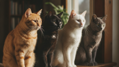 Cuatro gatos de distintos colores sentados juntos en una ventana
