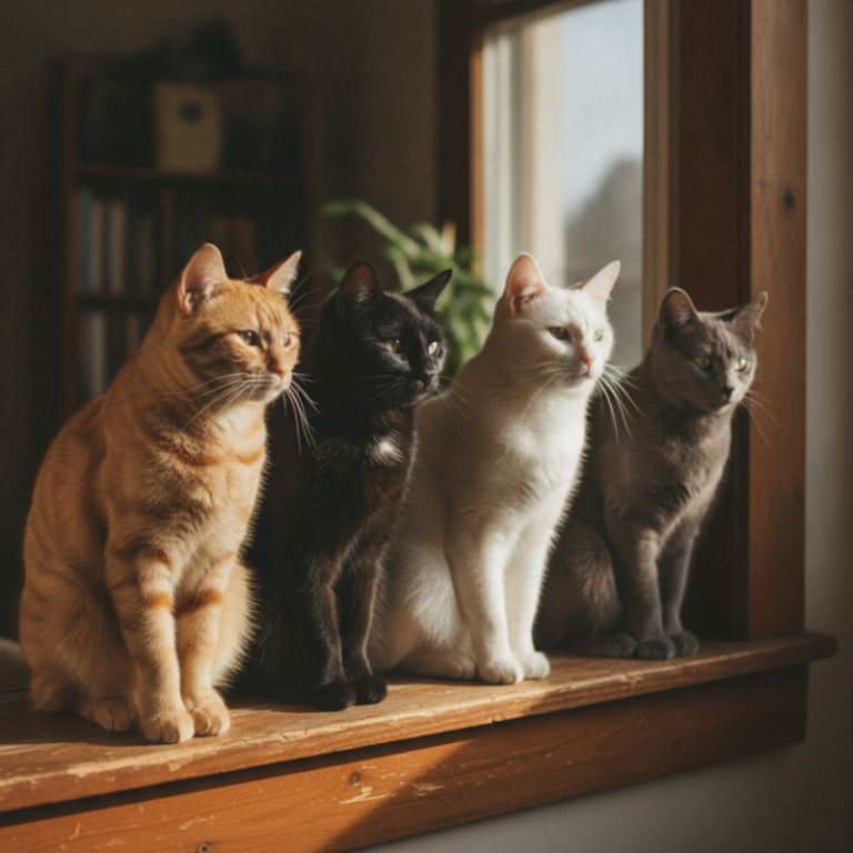 Cuatro gatos de distintos colores sentados juntos en una ventana