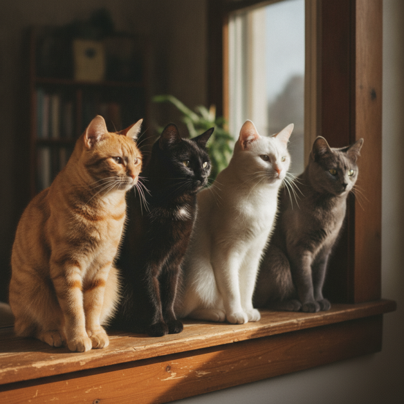 Cuatro gatos de distintos colores sentados juntos en una ventana