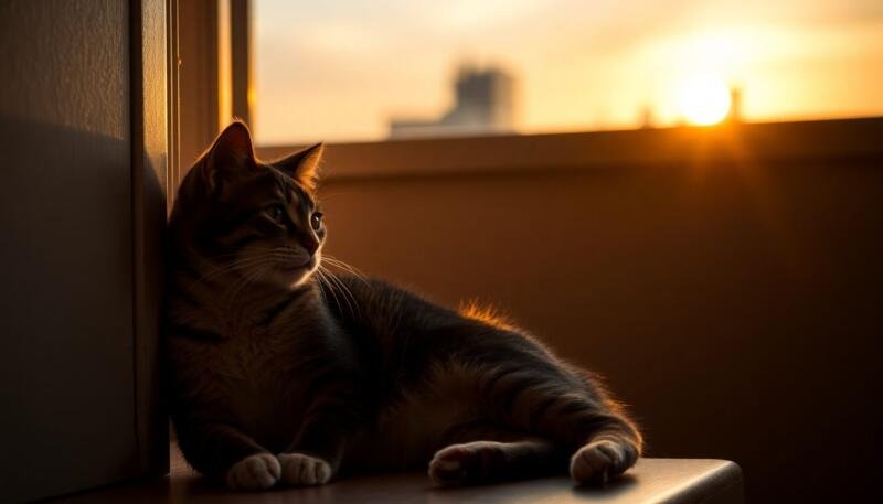 Gato atigrado apagado mirando por la ventana al atardecer, una de las señales tempranas de enfermedad felina