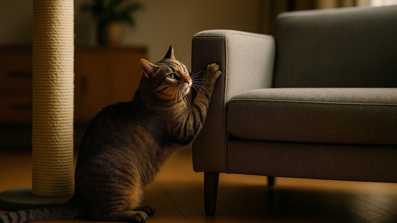 Gato ignorando un rascador de sisal mientras araña el sofá