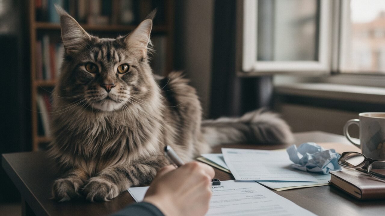 Maine Coon enorme junto a contrato de reserva y factura antes de comprar