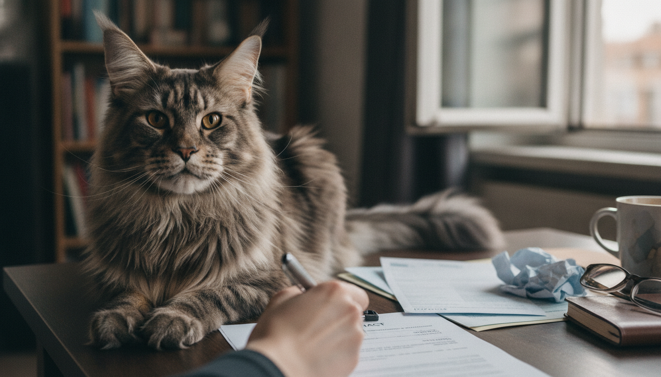 Maine Coon enorme junto a contrato de reserva y factura antes de comprar