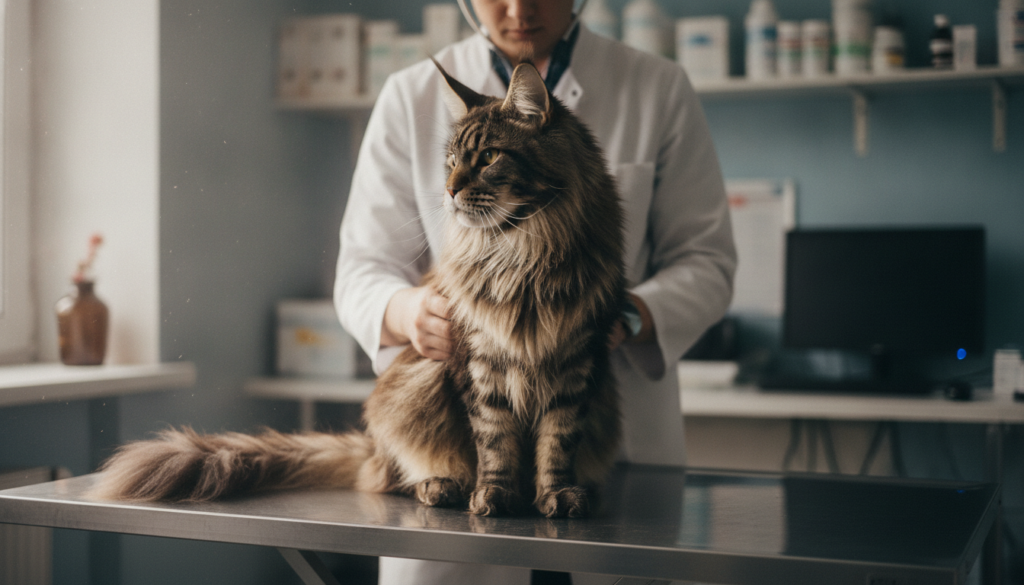 Important health checks before buying a Maine Coon Maine Coon during a preventive veterinary exam with a stethoscope