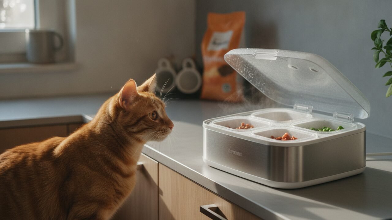 Gatto accanto a un distributore automatico per cibo umido