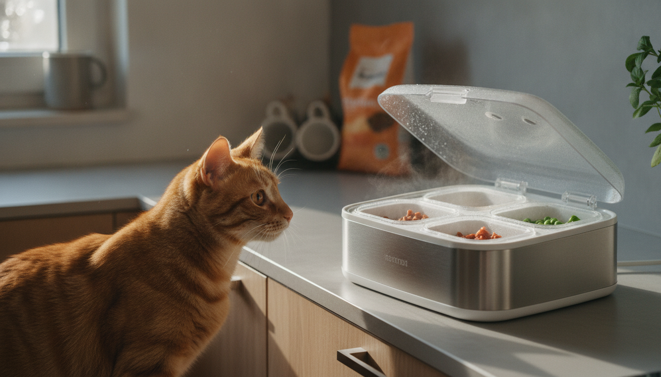 Gato junto a un comedero automático para comida húmeda con compartimentos refrigerados