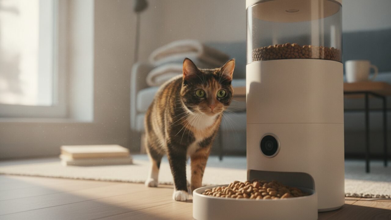 Cat feeder with camera monitoring a cat at the bowl
