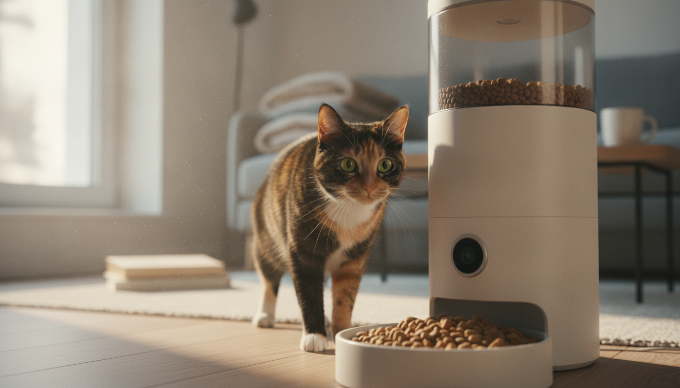 Gato frente a un comedero automático con cámara integrada para supervisar sus comidas