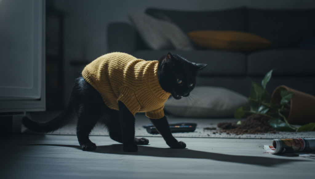 gato tenso intentando quitarse una prenda demasiado ajustada
