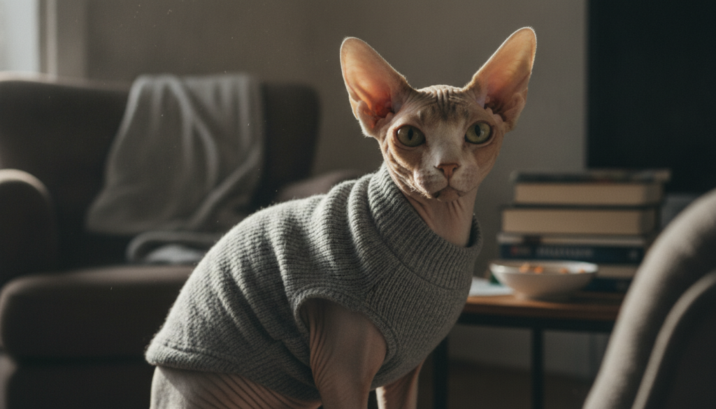 gato Sphynx sin pelo con jersey elegante estilo editorial