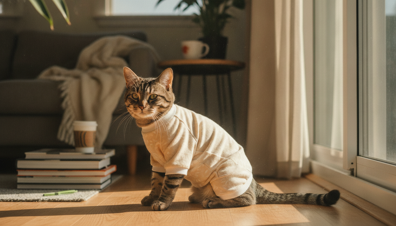 gato con traje de recuperación de diseño limpio tras cirugía