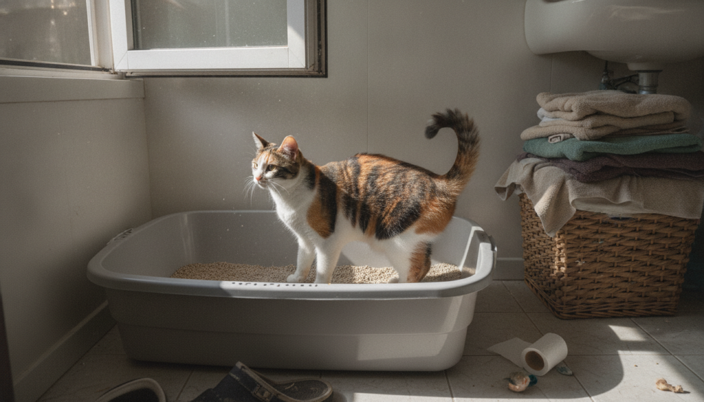 gatto dentro una lettiera abbastanza grande per il suo corpo