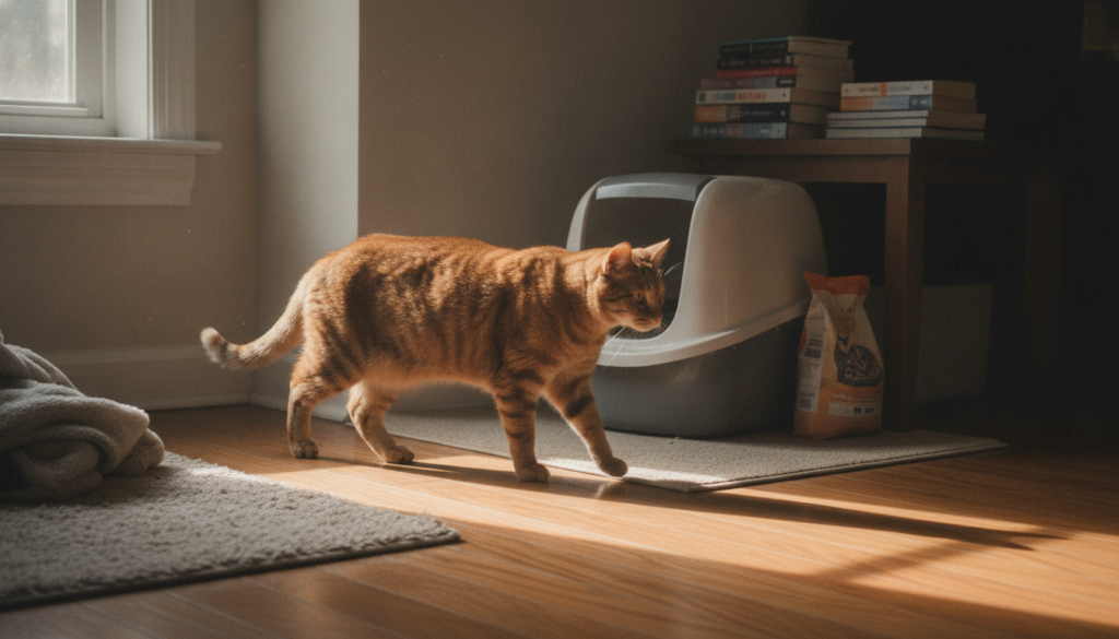 gatto tranquillo vicino a una lettiera pulita e ben posizionata