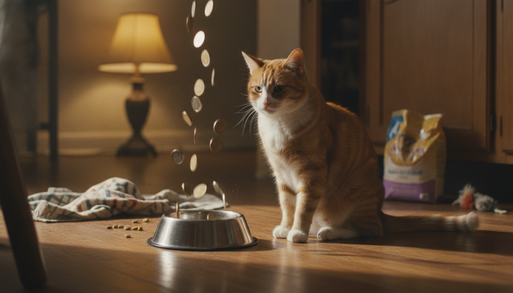 monedas cayendo dentro de un cuenco de comida de gato vacío mientras el gato observa sentado al lado