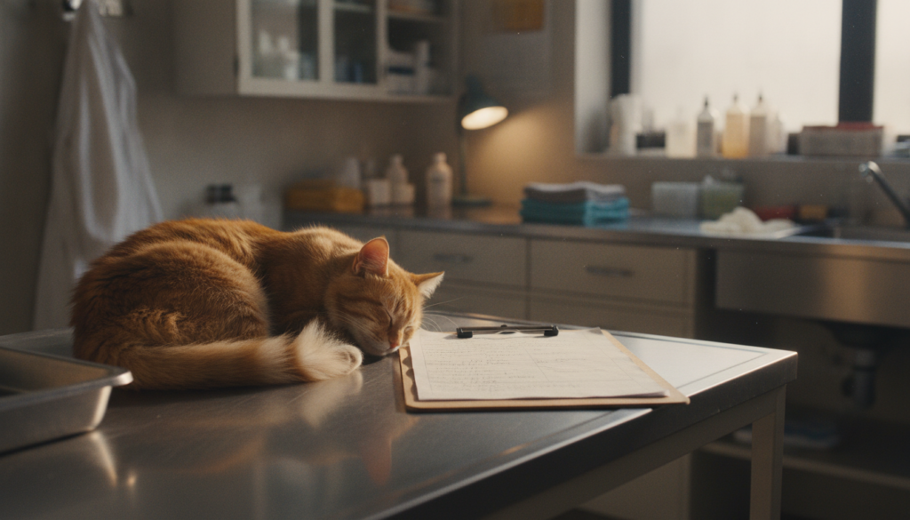 portapapeles médico de clínica veterinaria con notas de consulta junto a un gato en la mesa de examen