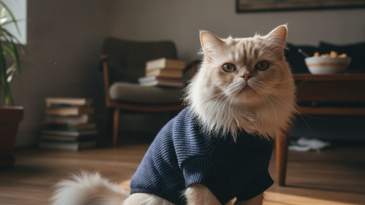 gato con jersey elegante estilo editorial de moda